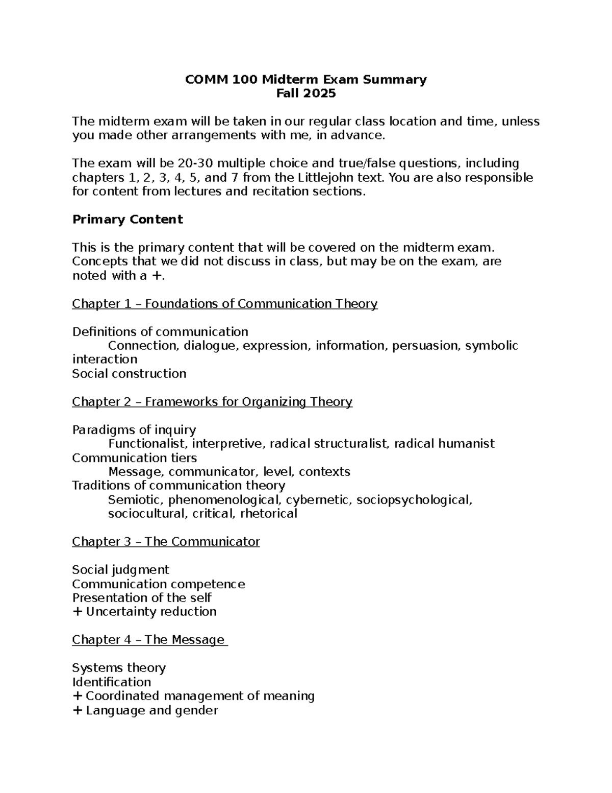 COMM 100 Midterm Exam Review Summary - Fall 2025 - Studocu
