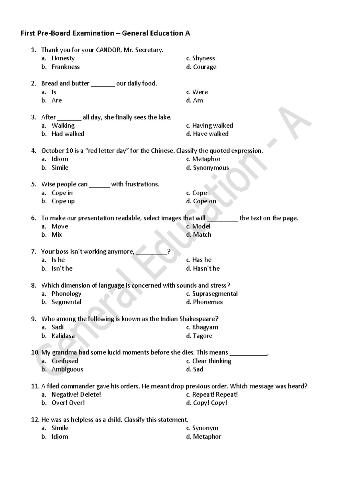 100 - Preboard - General Education - Exam Review and Answer Keys - Studocu