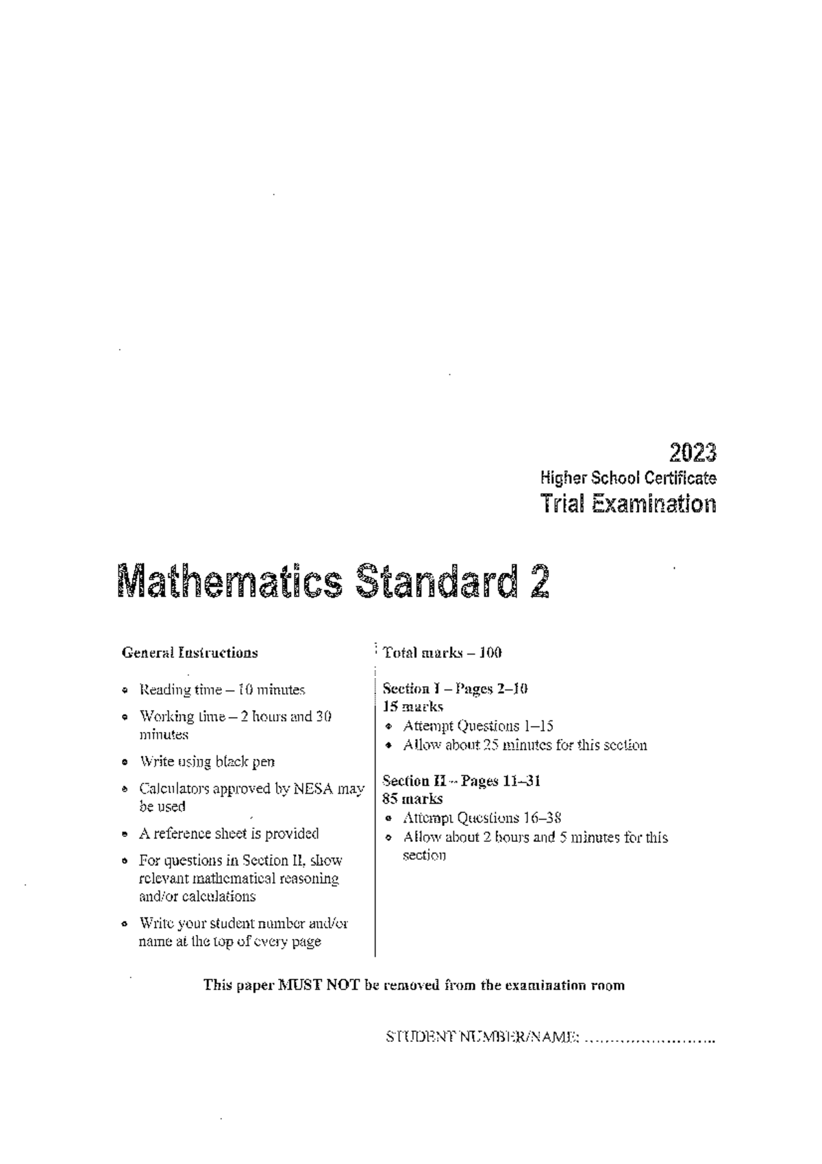 Independent Trial Examination 2023: Mathematics Standard 2 - Studocu