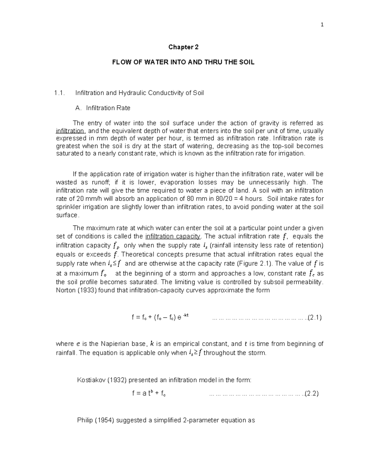 Chapter 2: Flow of Water into and Through Soil - Infiltration ...