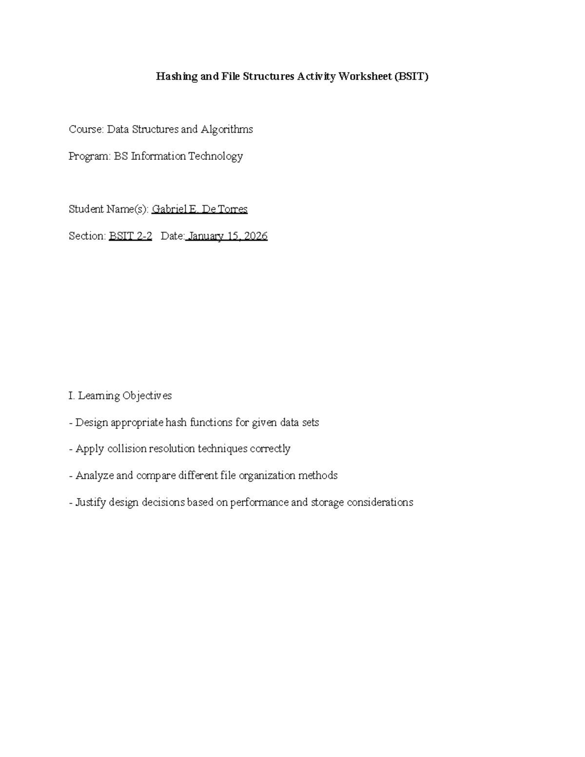 Hashing Techniques and File Structures Activity (BSIT) - Studocu