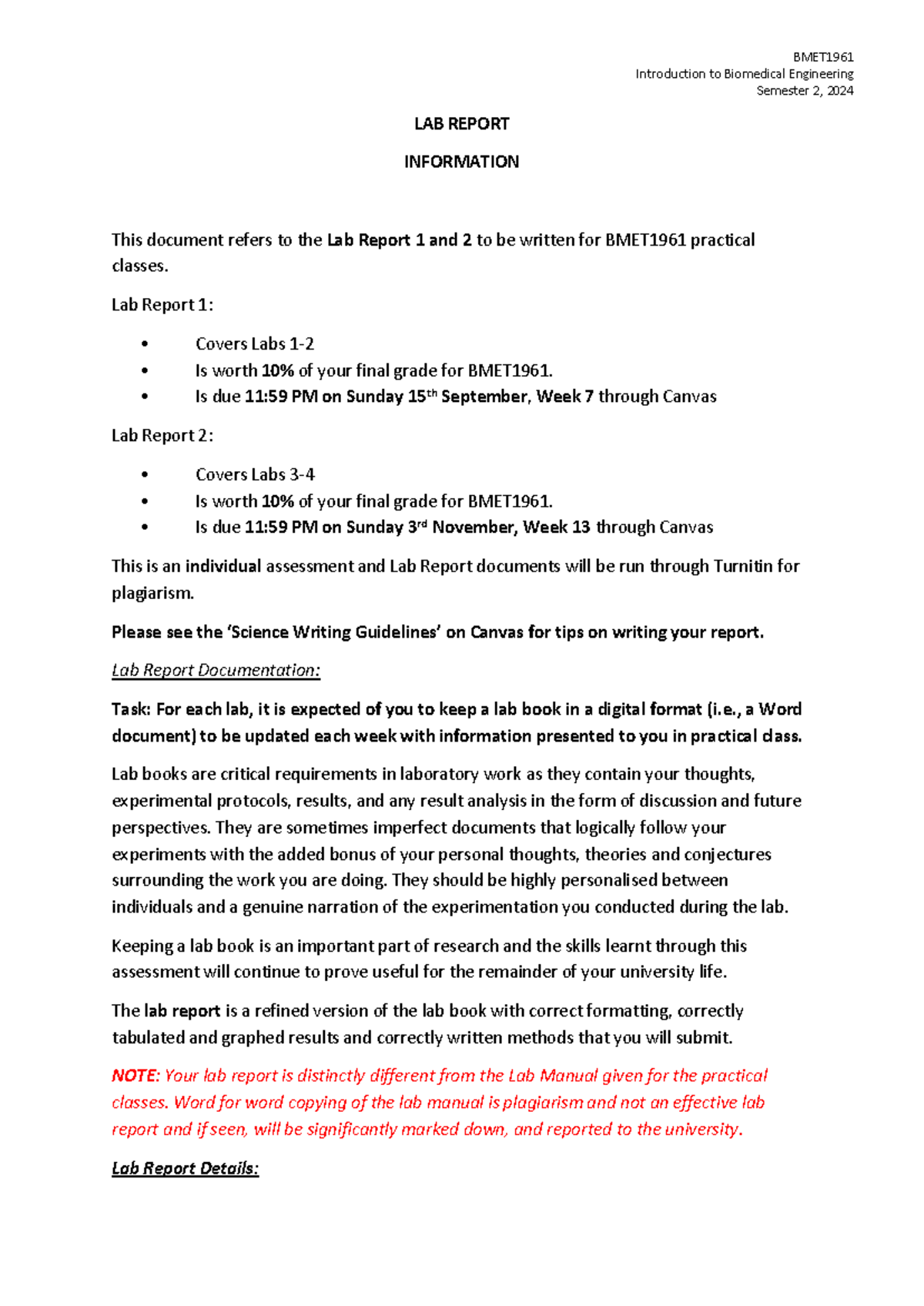 BMET1961 Lab Report Guidelines for Semester 2, 2024 - Studocu