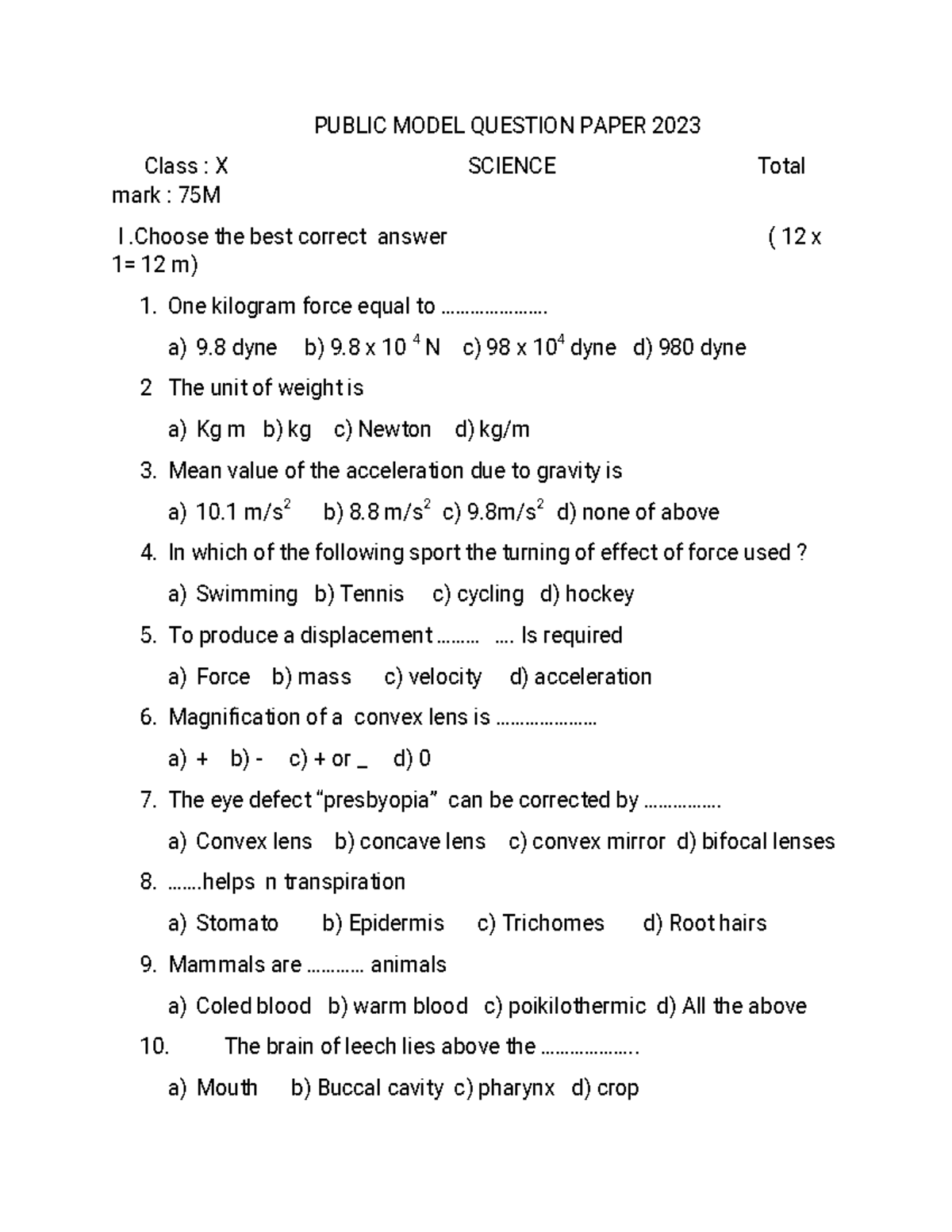 Tamilnadu 10th Science Model Question Paper 3 (Eng Med ...