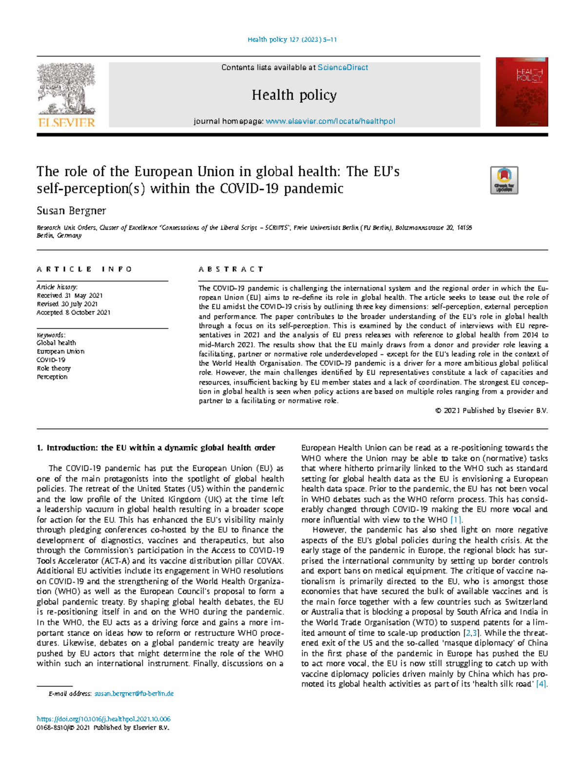 The Role of the EU in Global Health During the Pandemic: Insights and ...