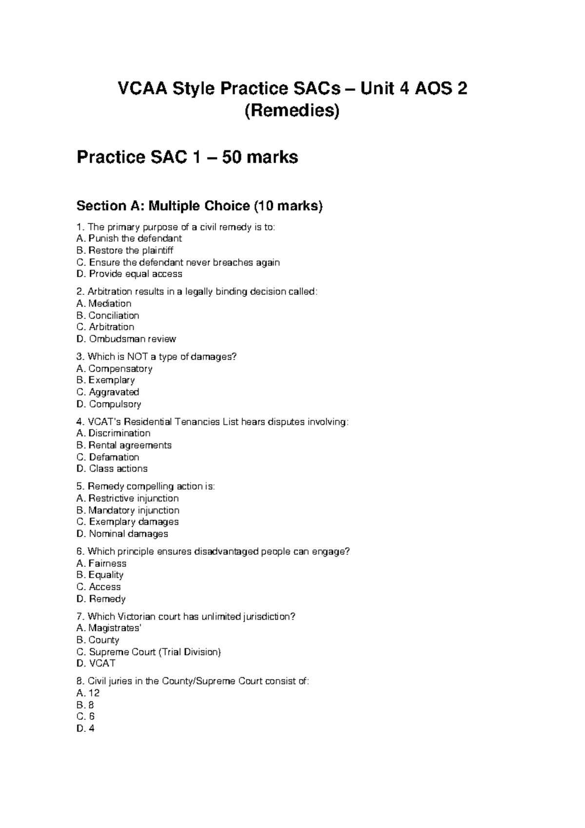 Legal Studies Unit 4 AOS 2 (Remedies) Practice SAC 1 - Studocu