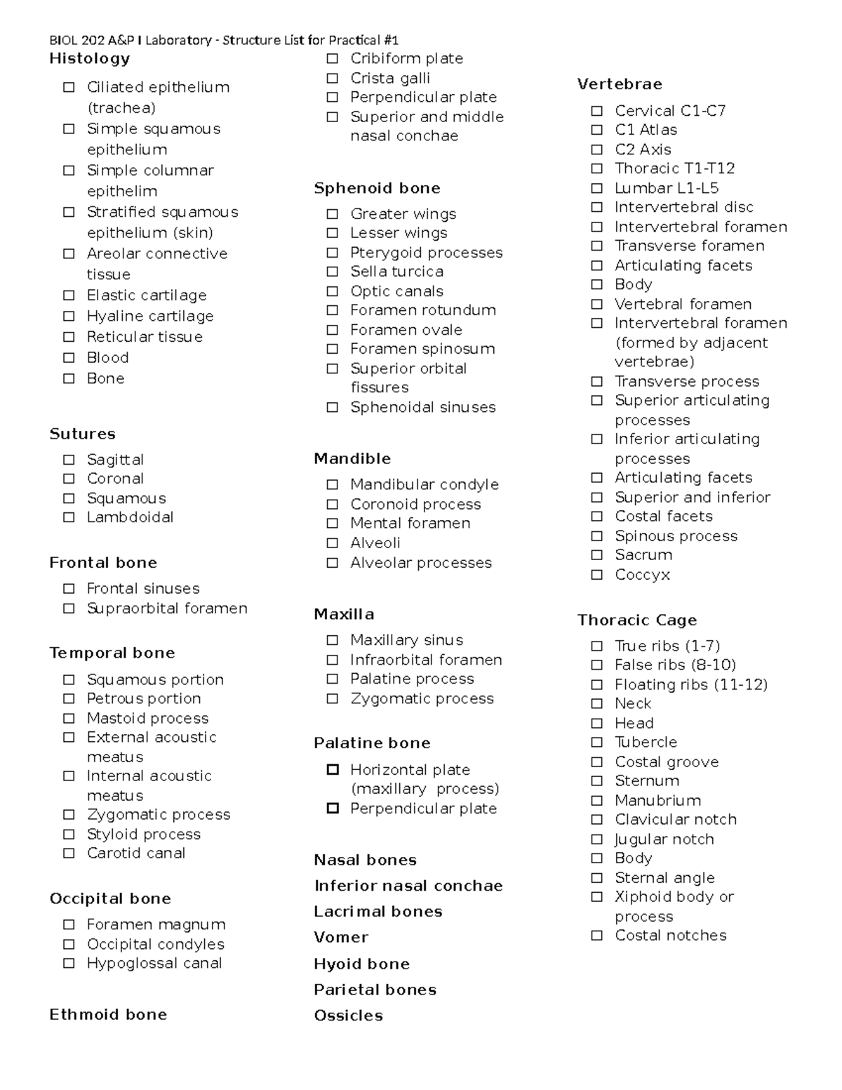BIOL 202 A&P I Lab: Structure List for Practical Exam #1 - Studocu