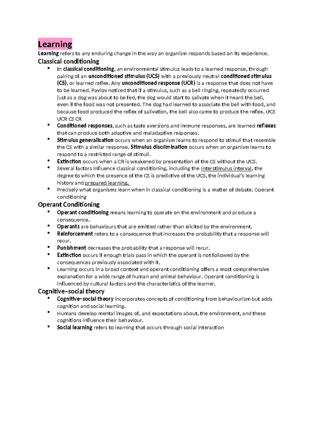 ALHT106 Learning Study Notes - Learning Learning refers to any enduring ...