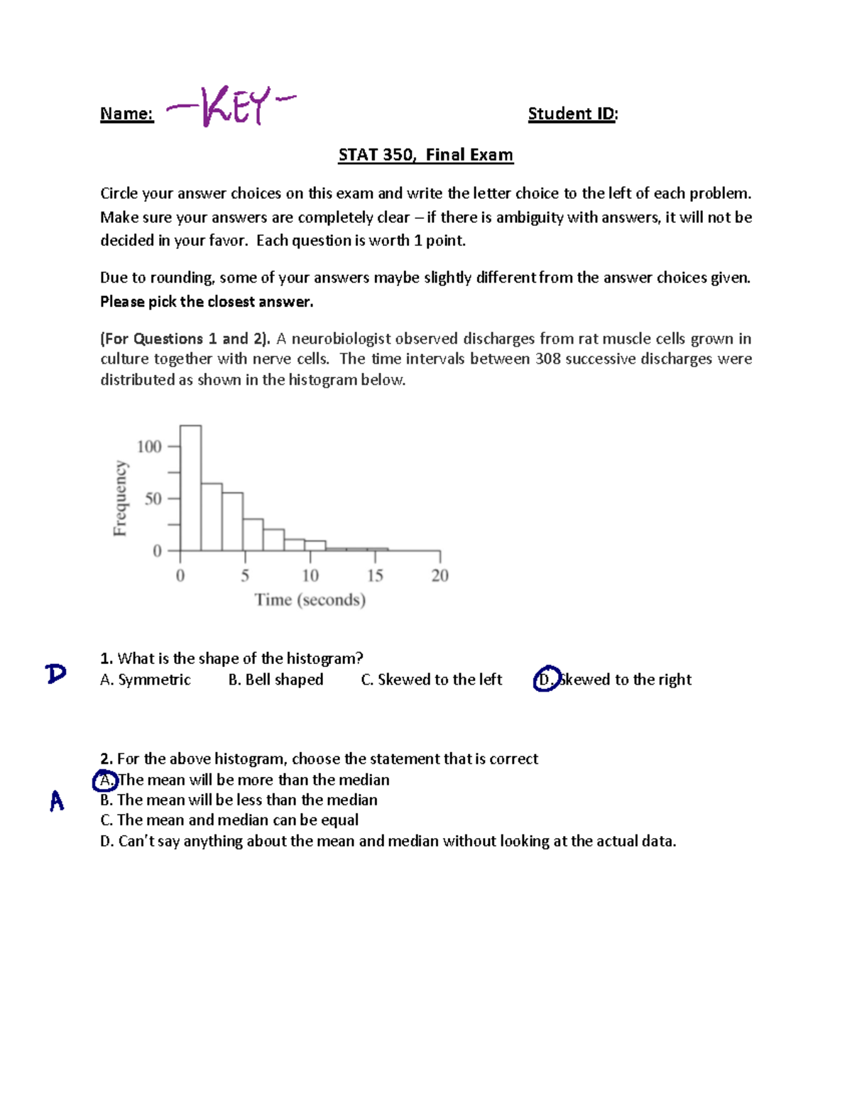 Final-Exam spring 2024 - Name: Student ID: STAT 350, Final Exam Circle ...