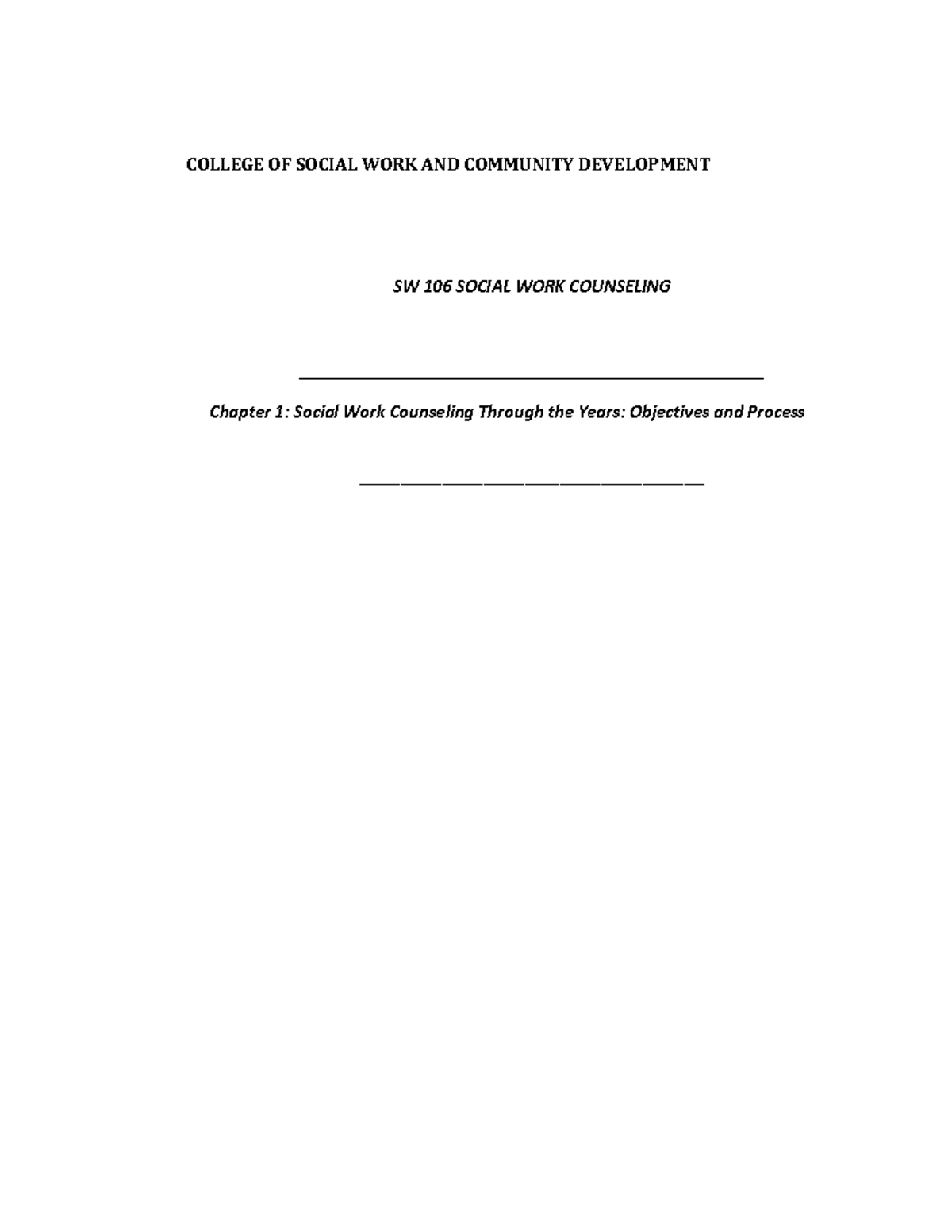SW 106: Key Concepts and Objectives in Social Work Counseling - Document Preview