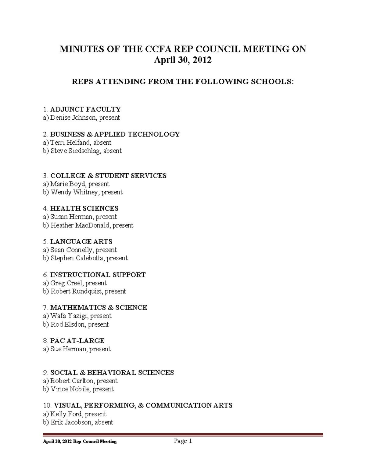 CCFA Rep Council Meeting Minutes - April 30, 2012 - Studocu