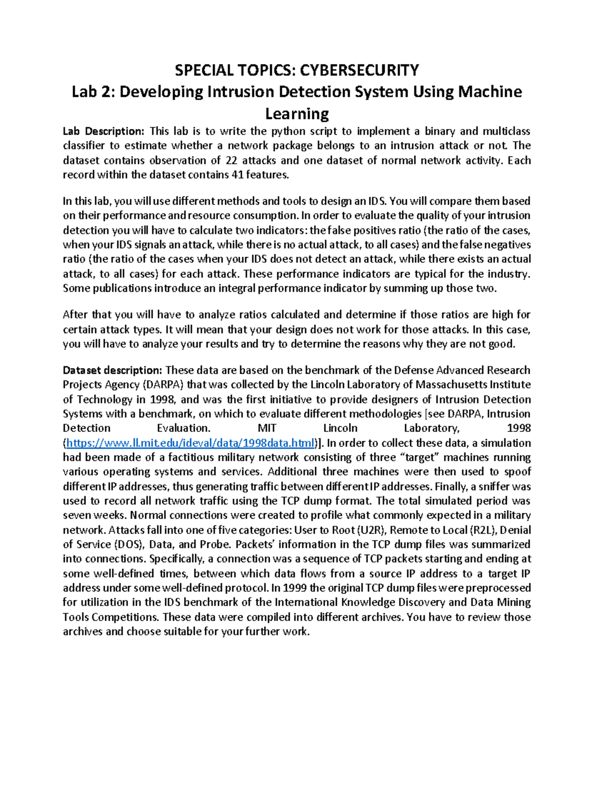 Lab 2: Developing IDS Using Machine Learning for Cybersecurity (CS-101 ...