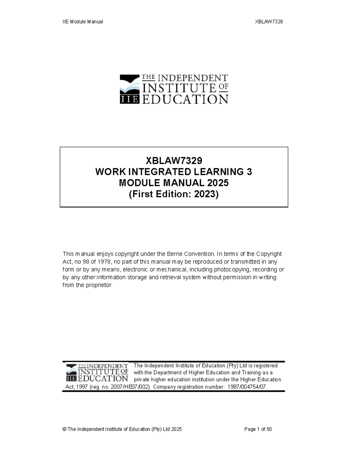 IIE Module Manual XBLAW7329: Work Integrated Learning 3 (2025 Edition ...