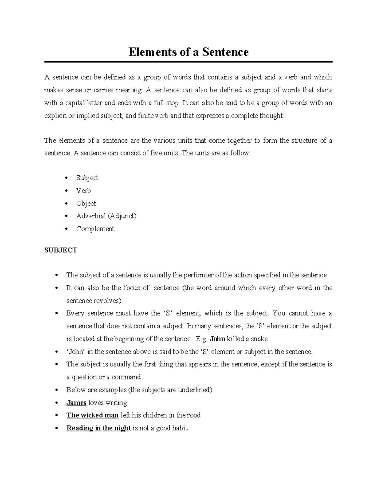 Elements of a Sentence: Subject, Verb, Object, and More Explained - Studocu