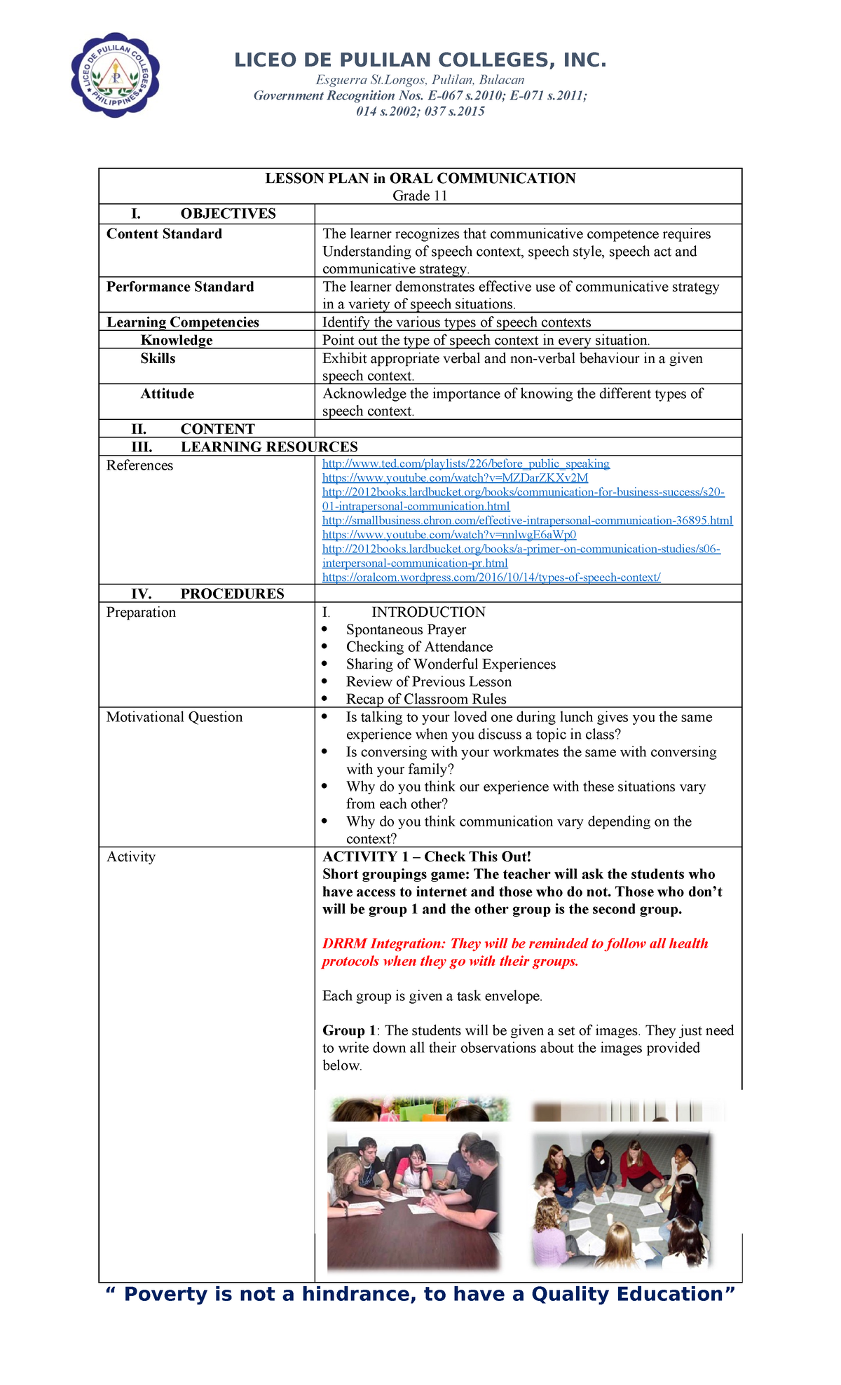 Grade 11 Oral Communication Lesson Plan (ENG 11) - Studocu