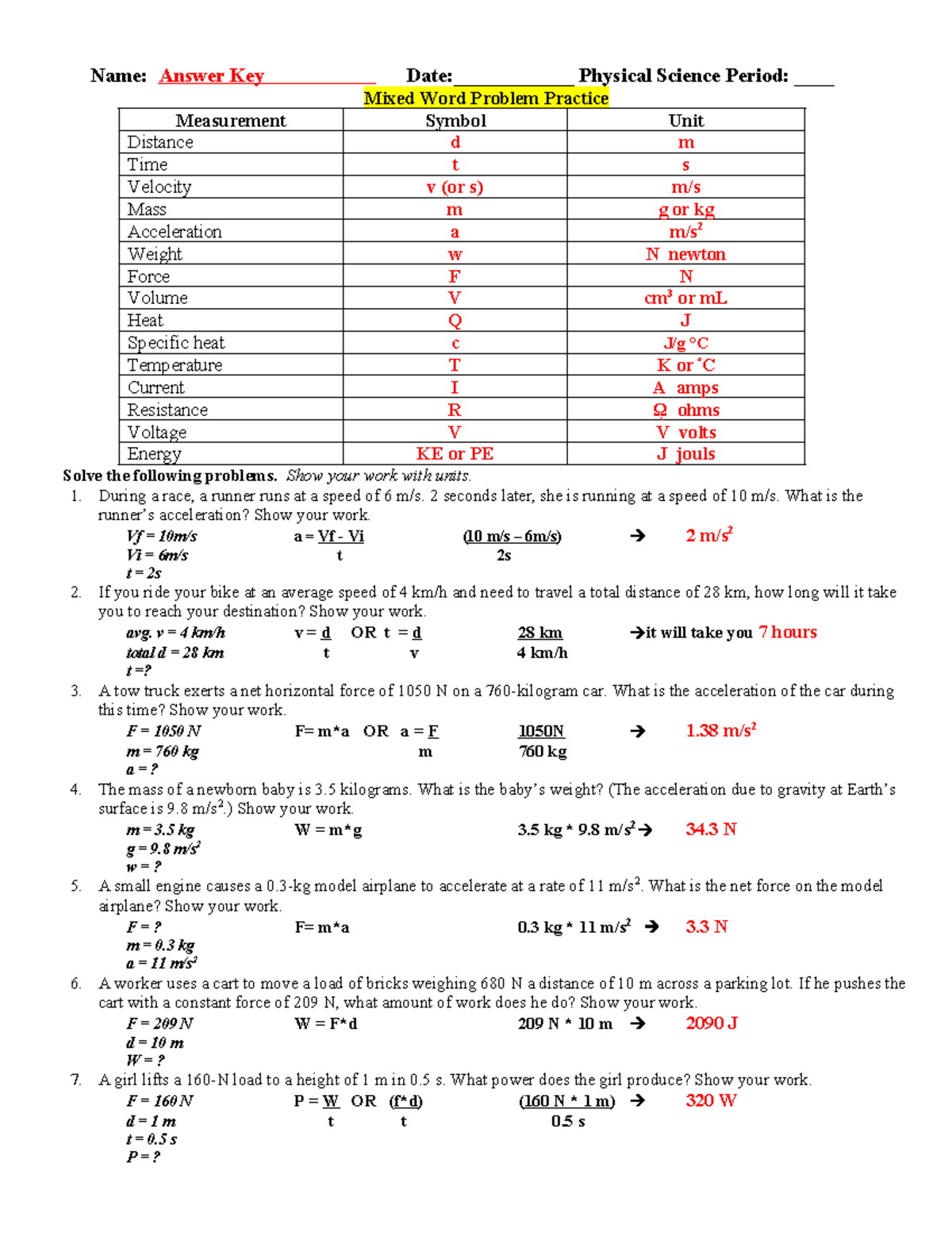 1st Semester Review: Mixed Word Problems Answer Key (Phys Sci) - Studocu