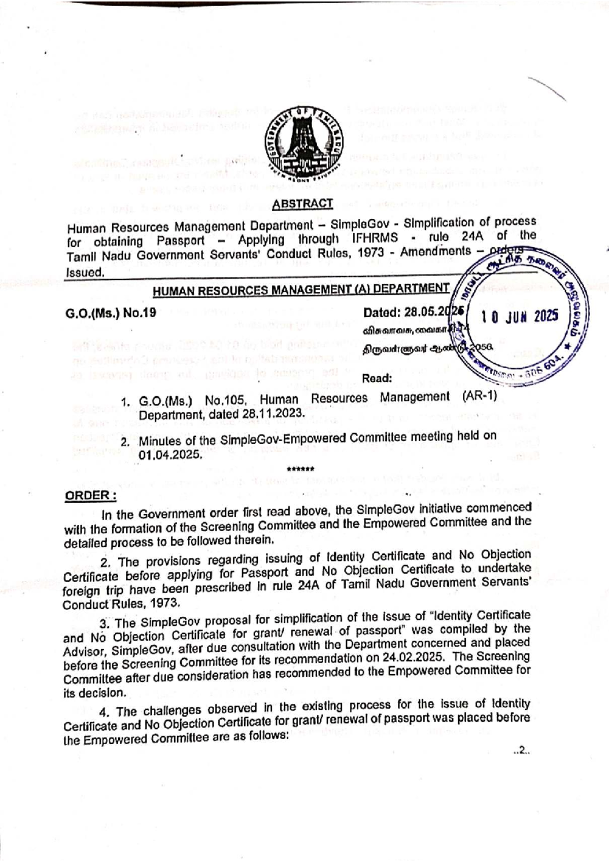 G.O.(Ms.) No.19: Simplification of Passport Application Process in TN ...