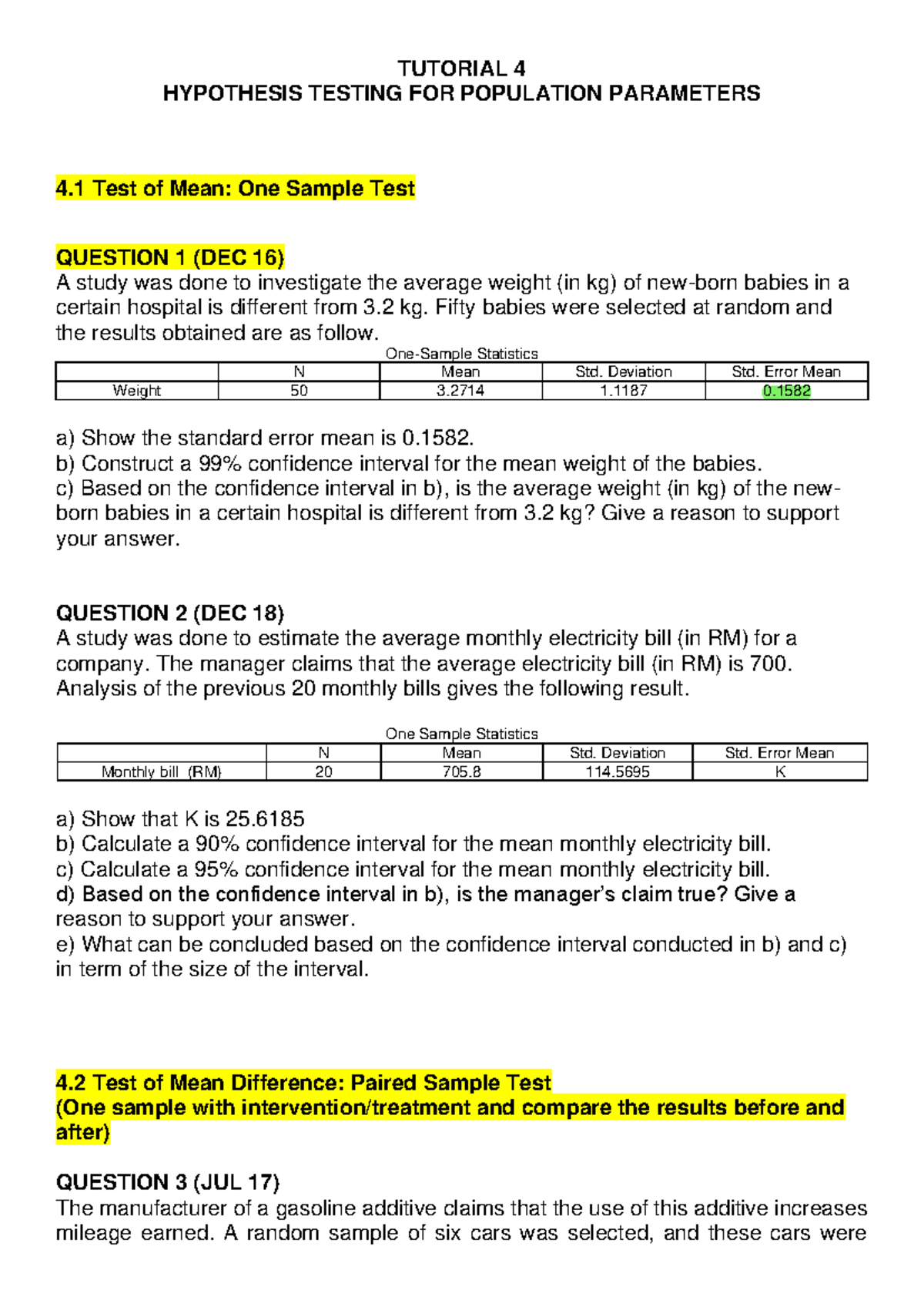 Hypothesis Testing for Population Parameters: Tutorial 4 (STAT101 ...