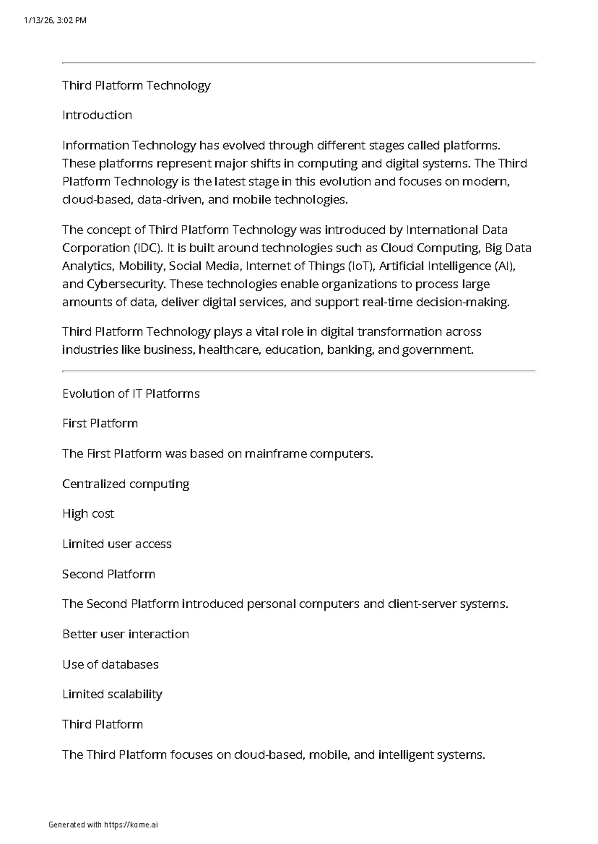 IT 101: Introduction to Third Platform Technology and Its Impact - Studocu