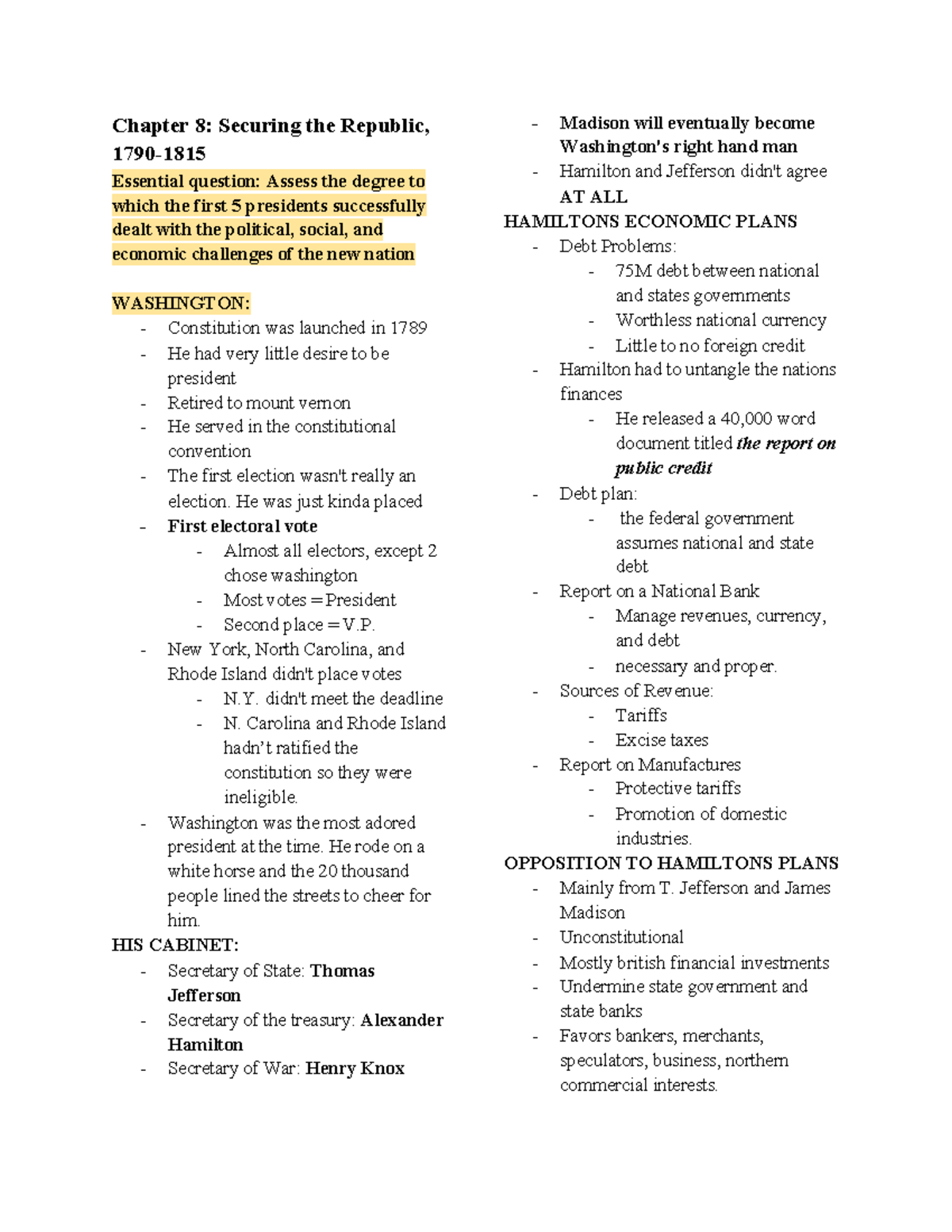 APUSH Chapter 8 Notes: Securing the Republic (1790-1800) - Studocu