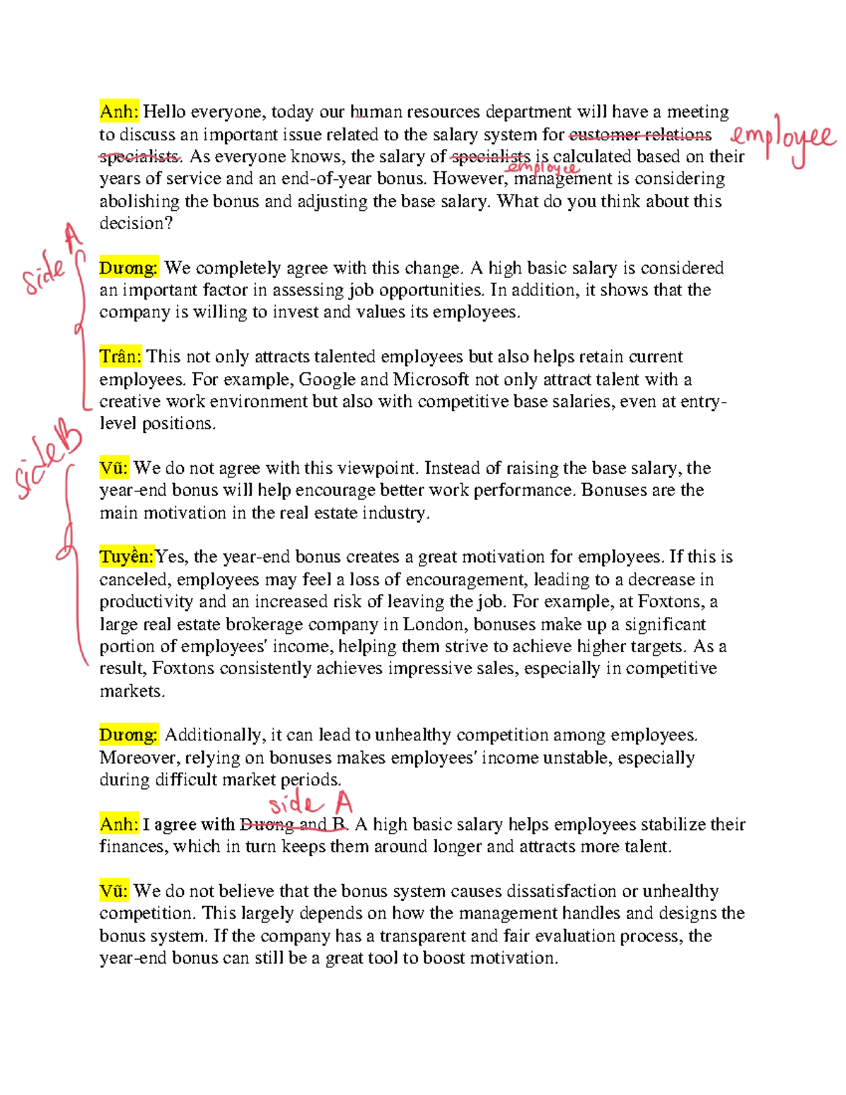 HR Meeting Notes: Salary System Changes for Customer Relations ...