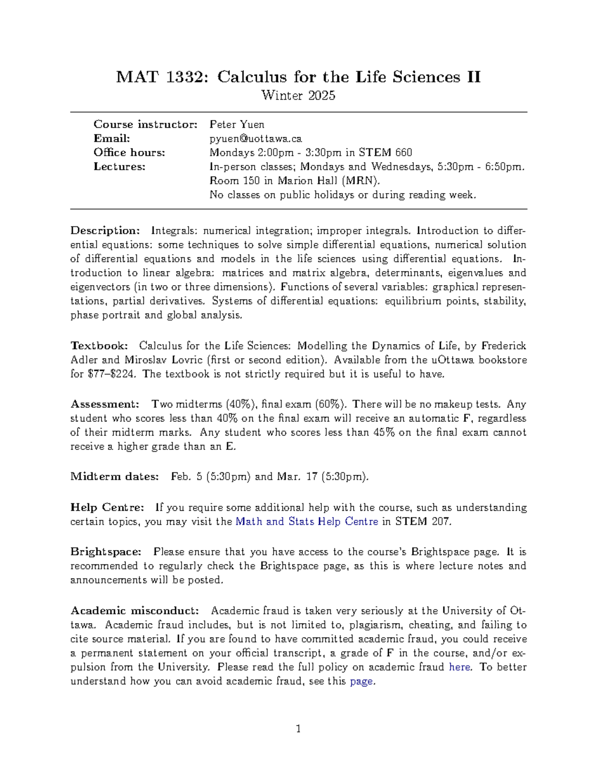 MAT1332-Winter 2025 Syllabus: Calculus for Life Sciences II - Studocu