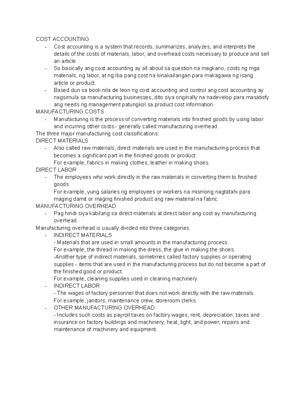 COST Accounting Overview: Key Concepts in Manufacturing Costs - Studocu