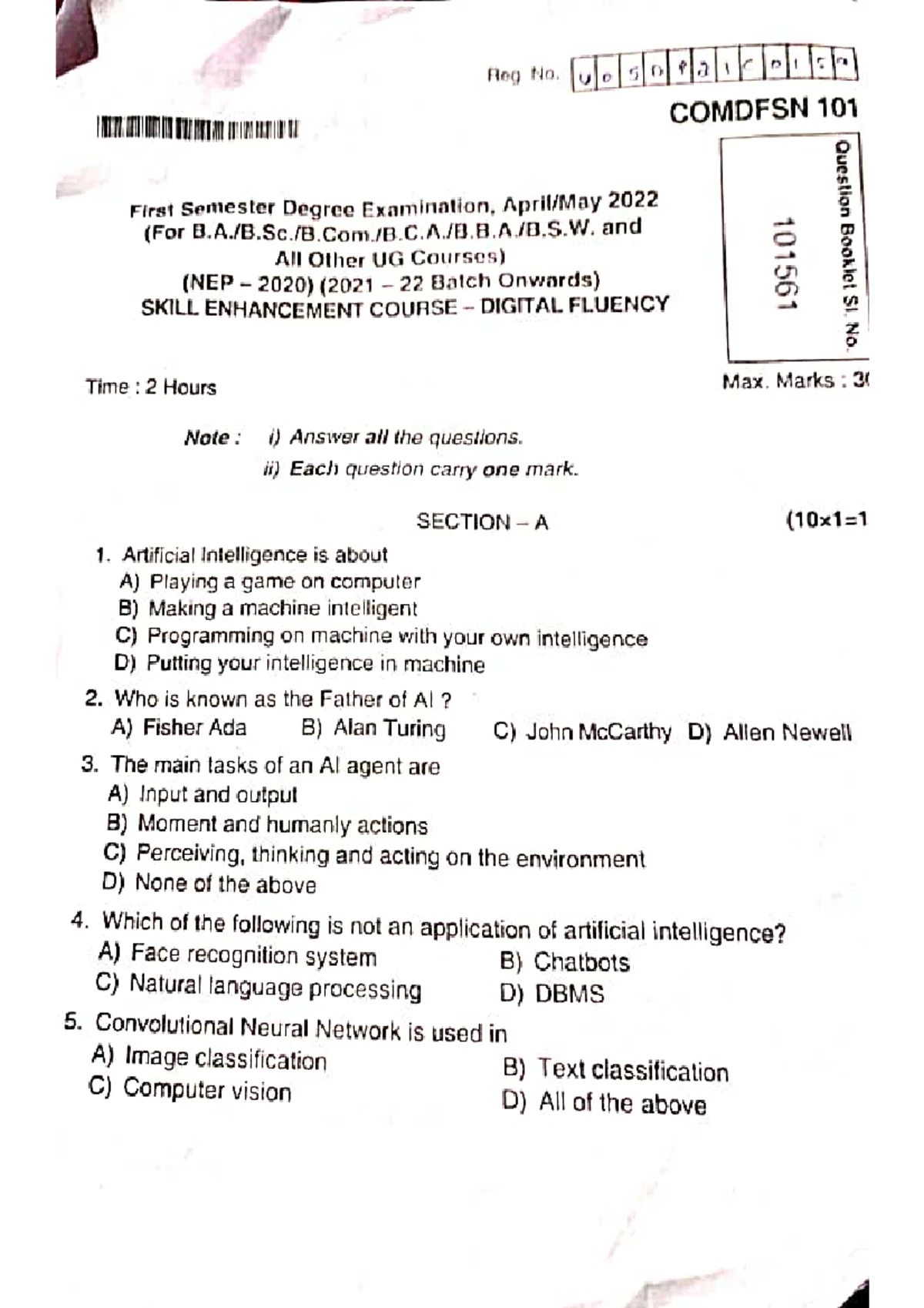 Mathematical Foundation QP - BCACACN 103 I Sem Exam 2022 - Studocu