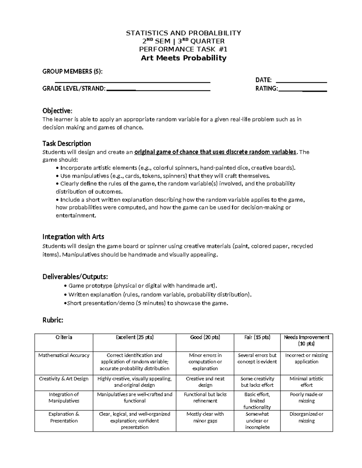 STATISTICS 2ND SEM 3RD QUARTER PERFORMANCE TASK: Arts Meet Probability ...