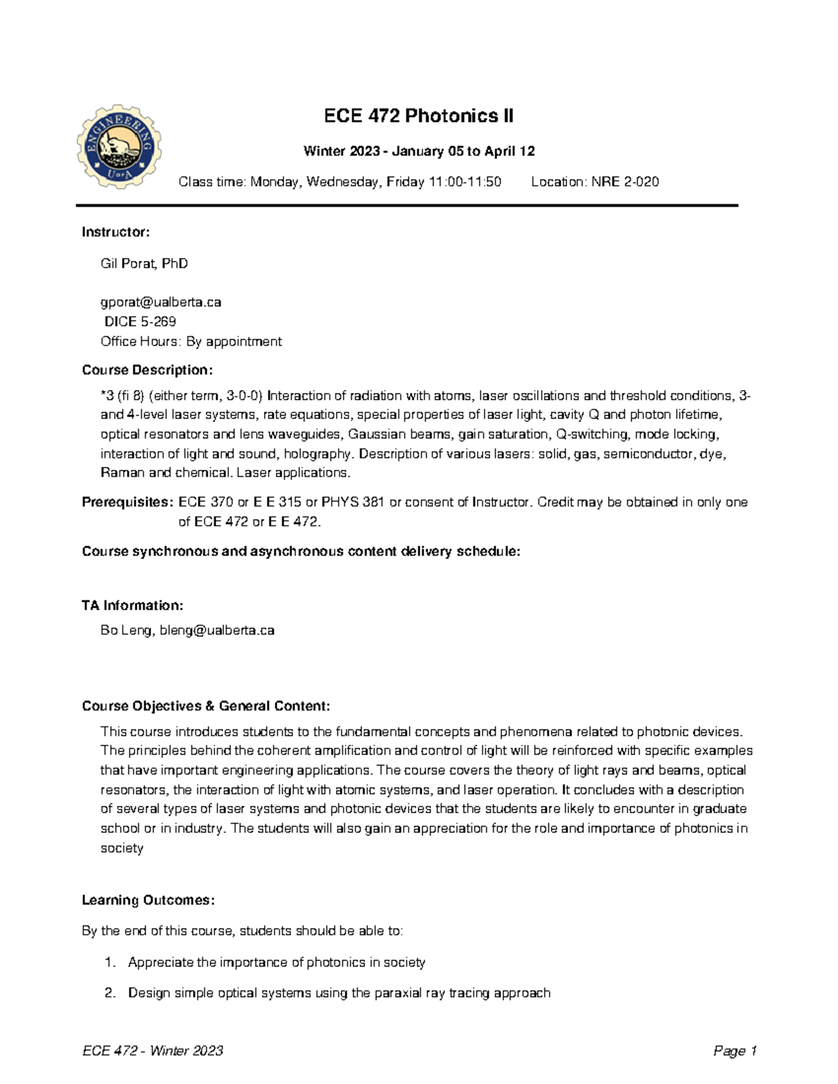 ECE 472 - Winter 2023 Course Outline for Photonics II - Studocu