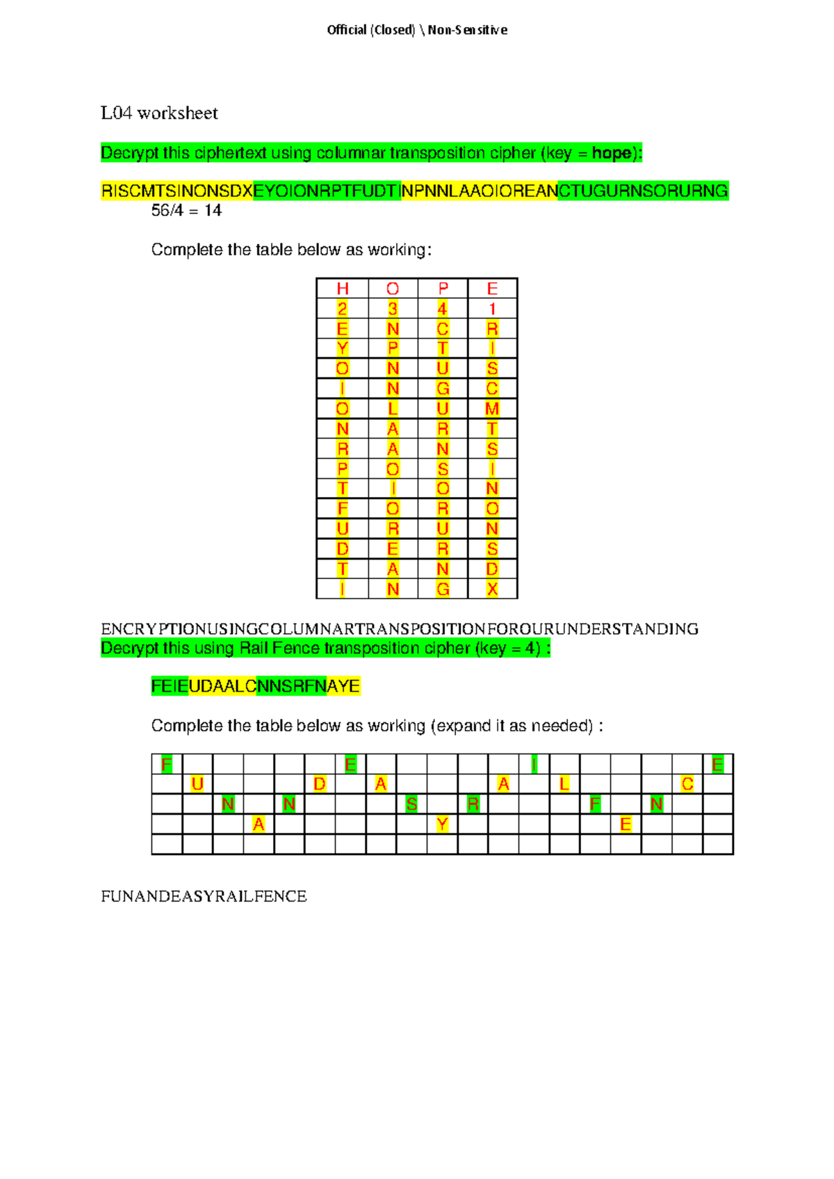 ESE Workshop ok - L0 4 worksheet Decrypt this ciphertext using columnar ...