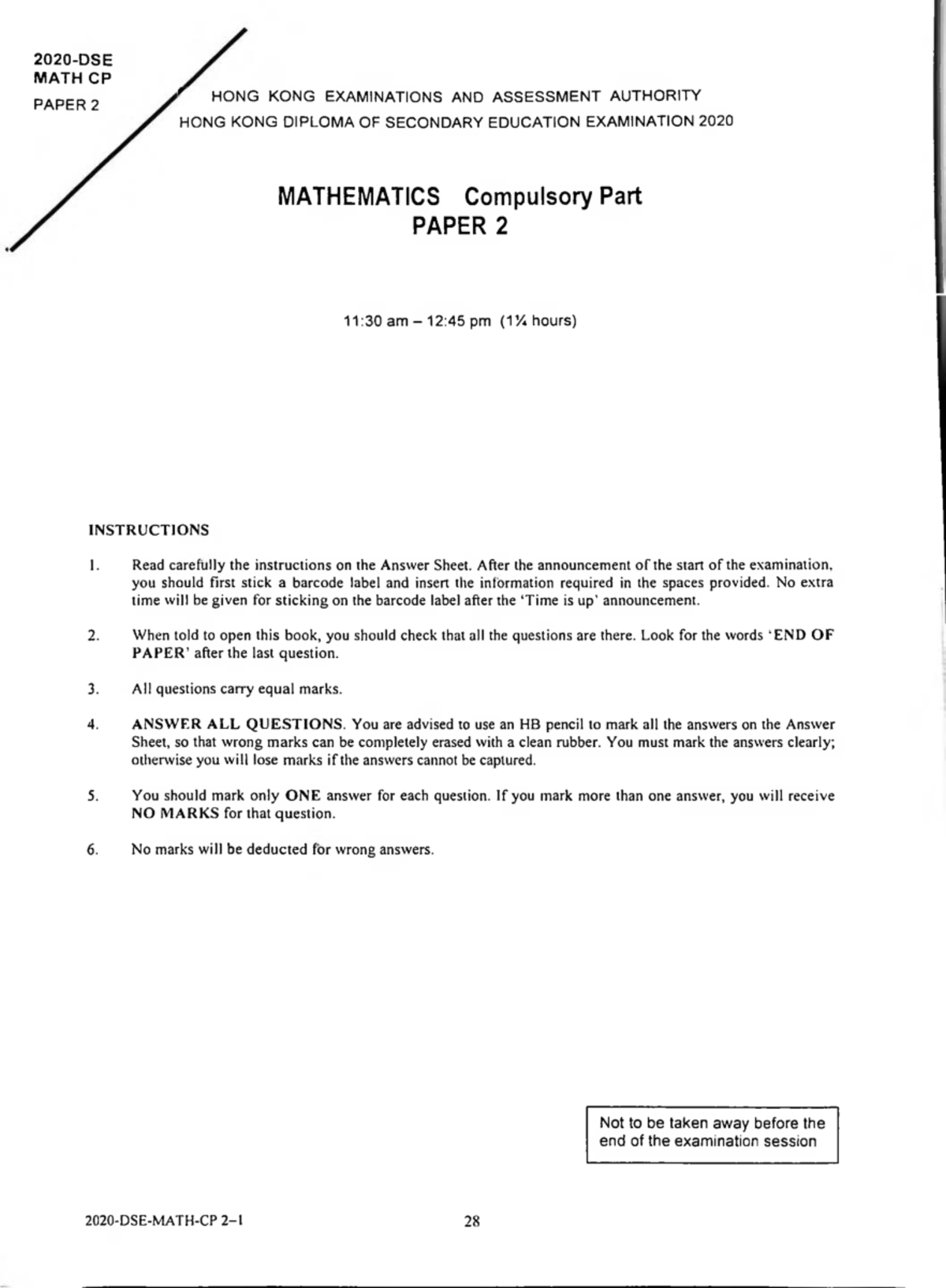 MATH CP PAPER 2 HKDSE 2020 MATHEMATICS COMPULSORY PART - Studocu