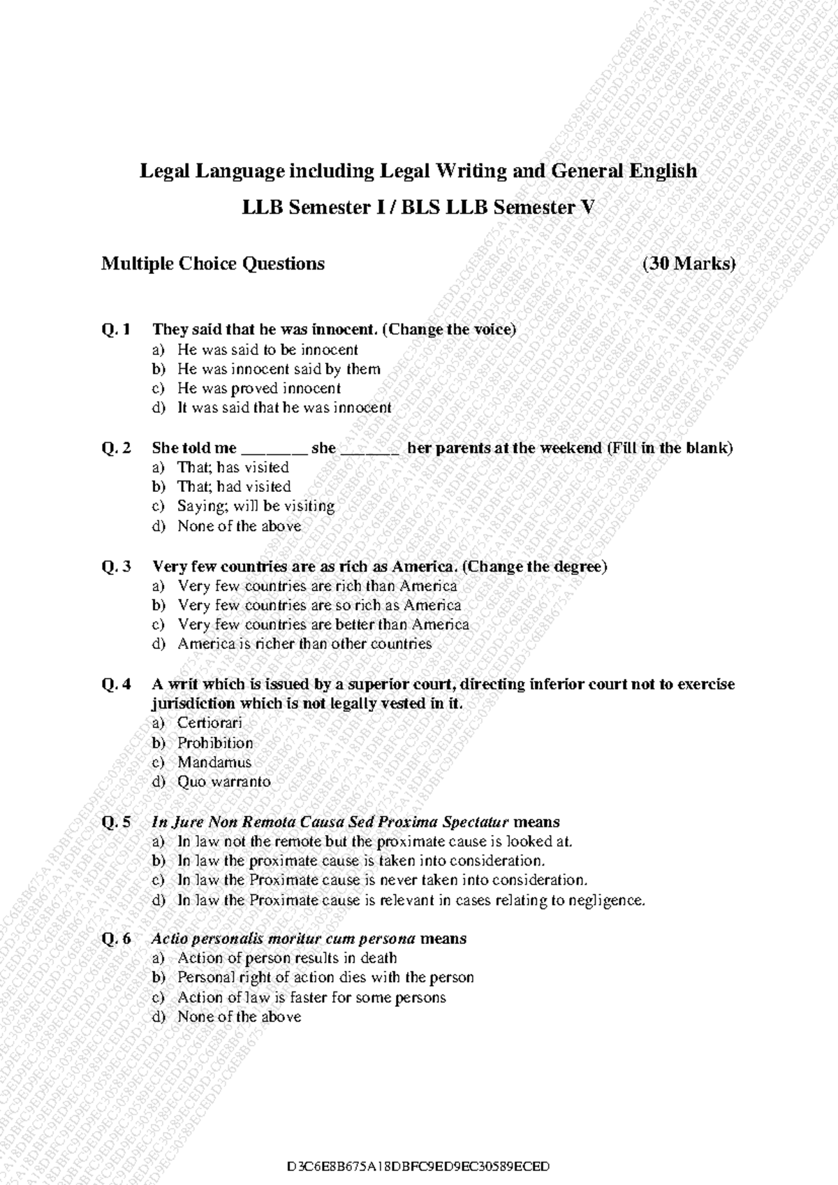 LLB Sem I & BLS LLB Sem V: Legal Language, Writing & English MCQs ...