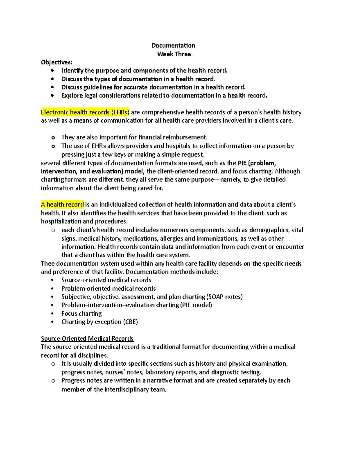 Week 3 Health Record Documentation Guidelines and EHR Insights - Studocu