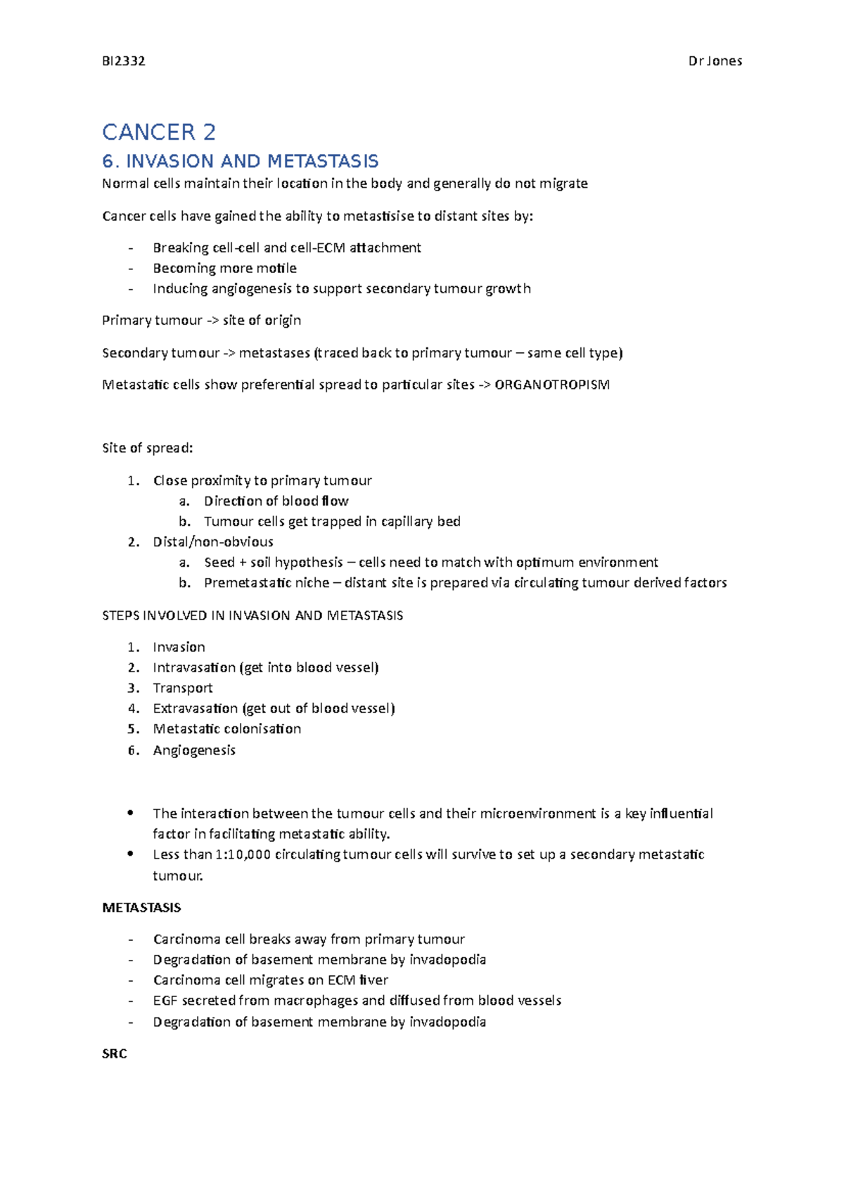 BI2332 - Cancer 2 Lecture Notes: Invasion, Metastasis & Hallmarks - Studocu