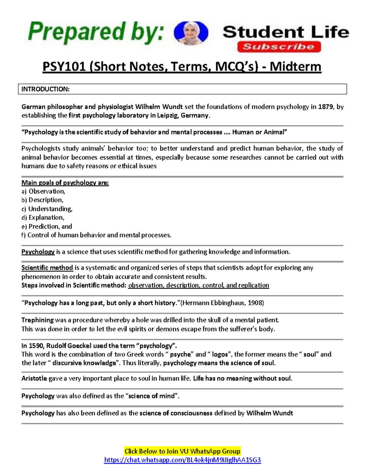 PSY101 Midterm Notes: Key Terms and MCQs for Exam Preparation - Studocu