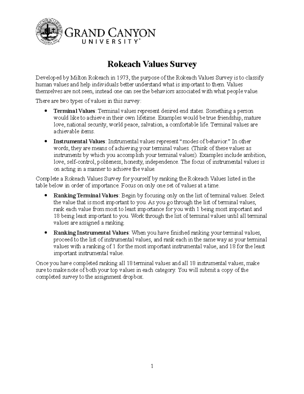 MGT-410-RS-Rokeach Values Survey Analysis and Ranking Guide - Studocu