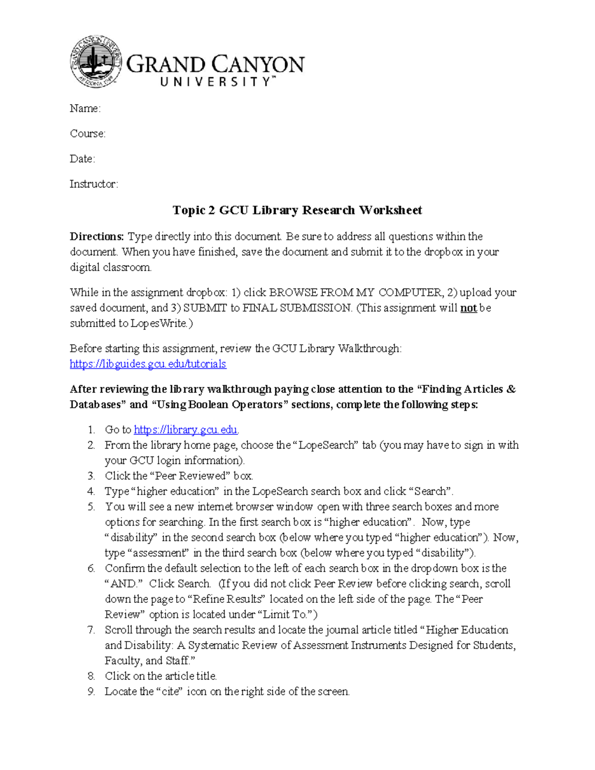 Topic 2 GCU Library Research Worksheet Instructions and References ...