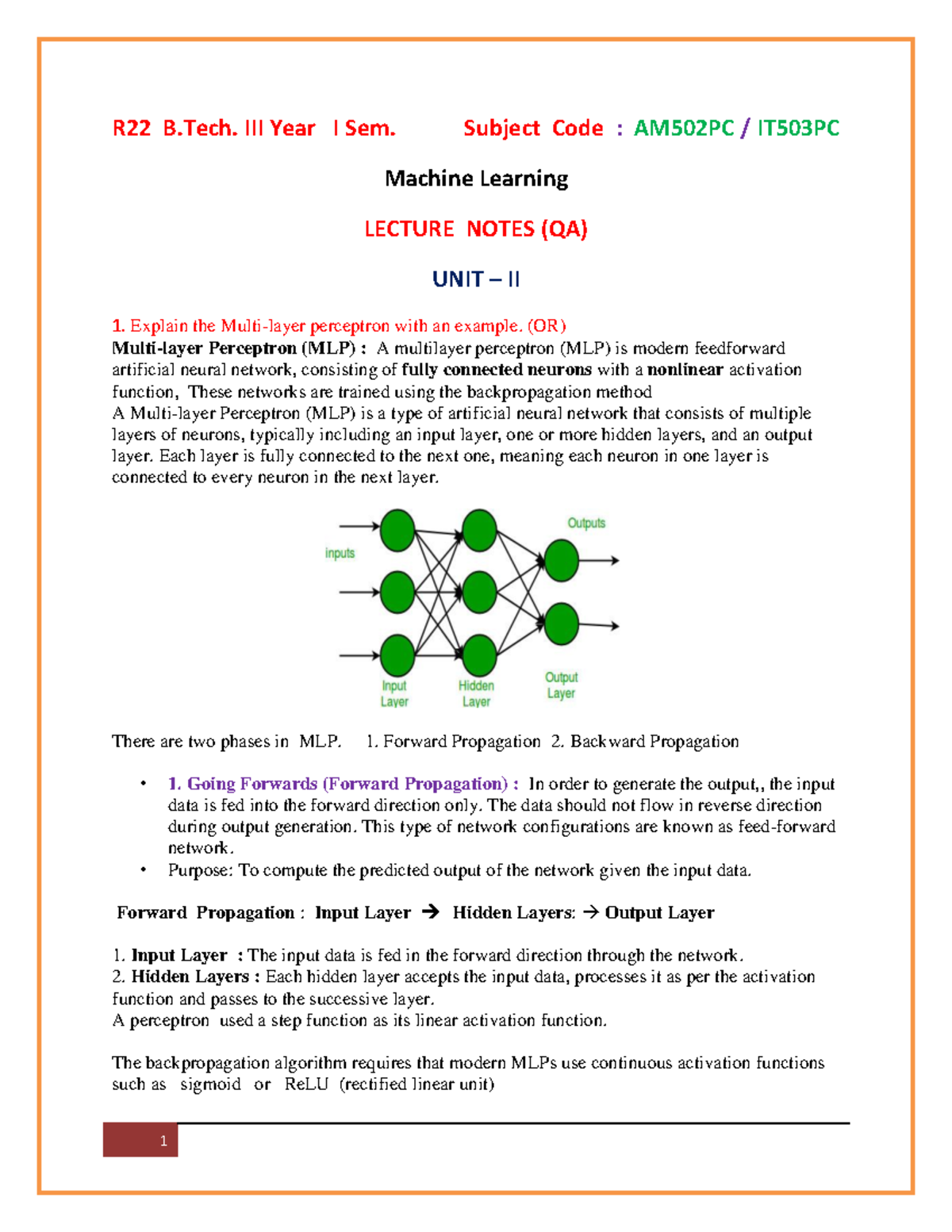 ML502PC Machine Learning UNIT II Lecture Notes: Perceptron & SVM - Studocu