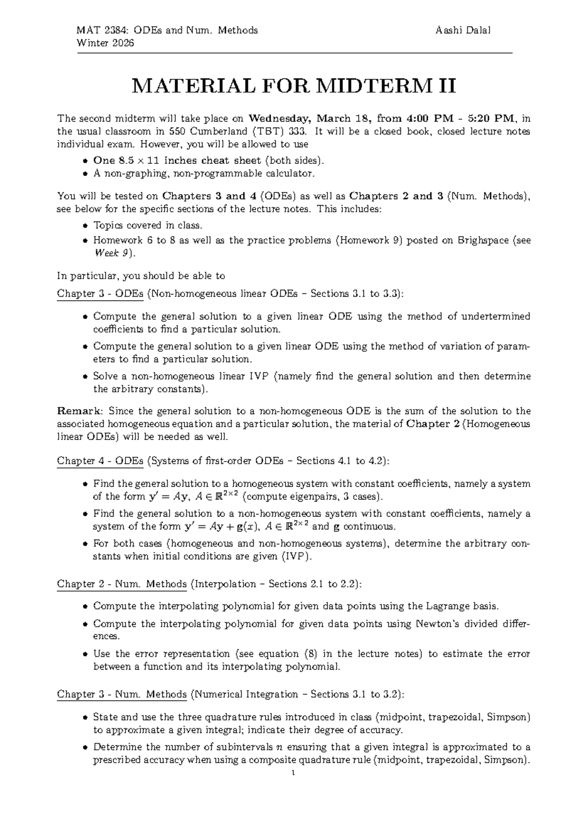 MAT 2384: Midterm II Study Guide for ODEs & Num. Methods - Studocu