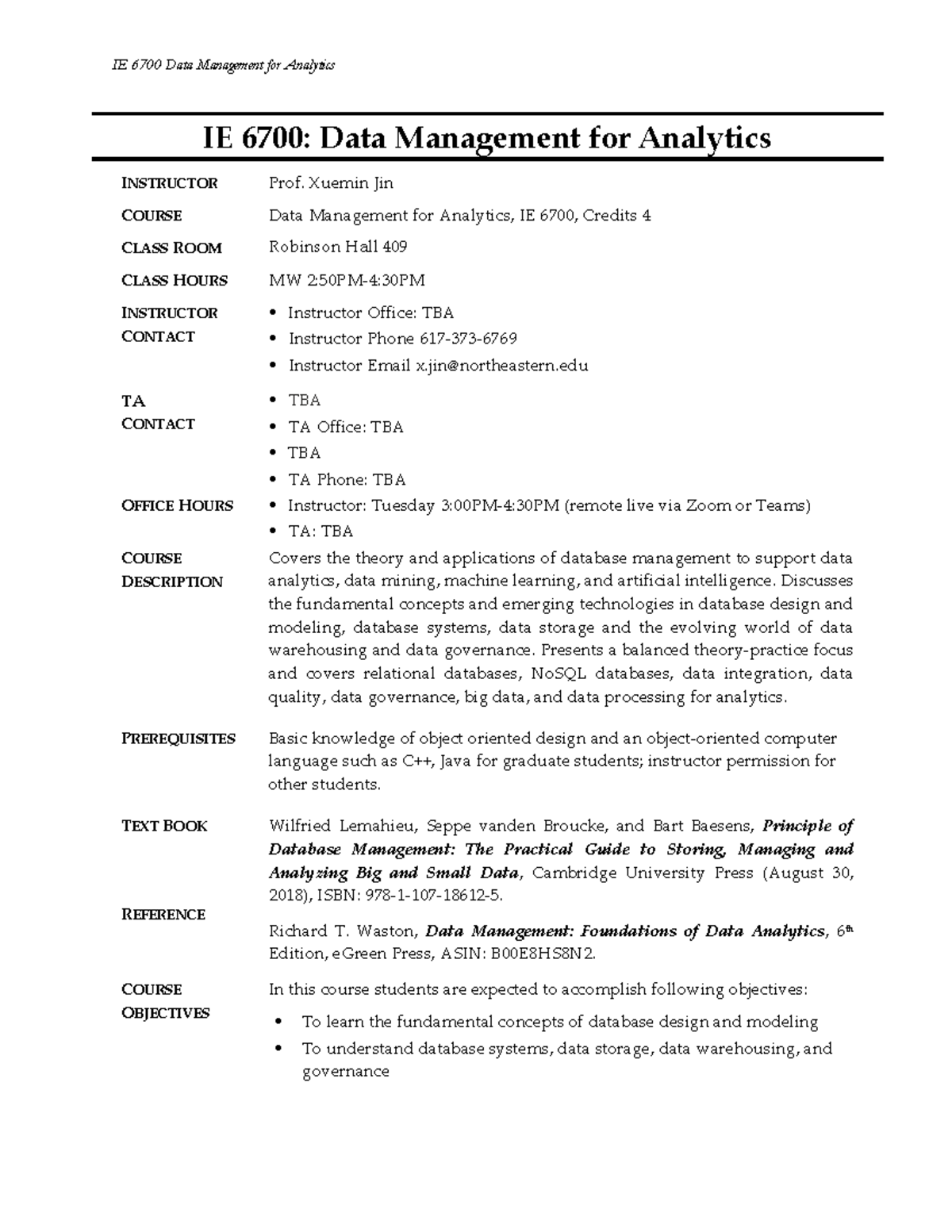 IE 6700 Syllabus: Data Management for Analytics - Spring 2023 - Studocu