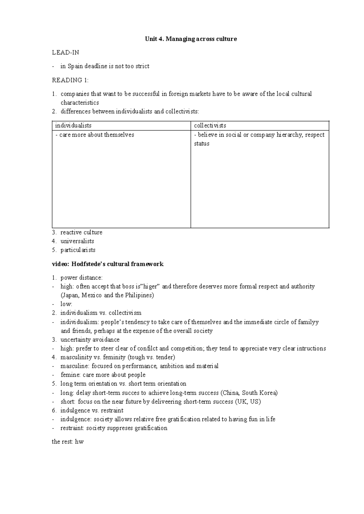 Unit 4: Managing Across Cultures - Key Concepts and Insights - Studocu