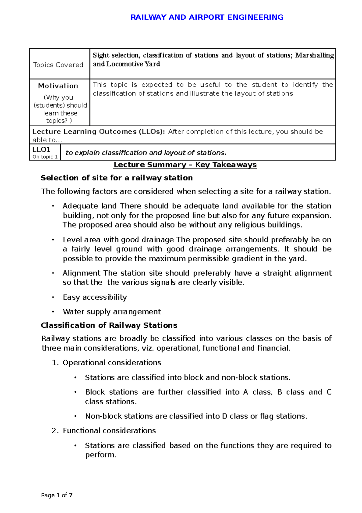 Classification and Layout of Railway Stations (Course Code: [Insert ...