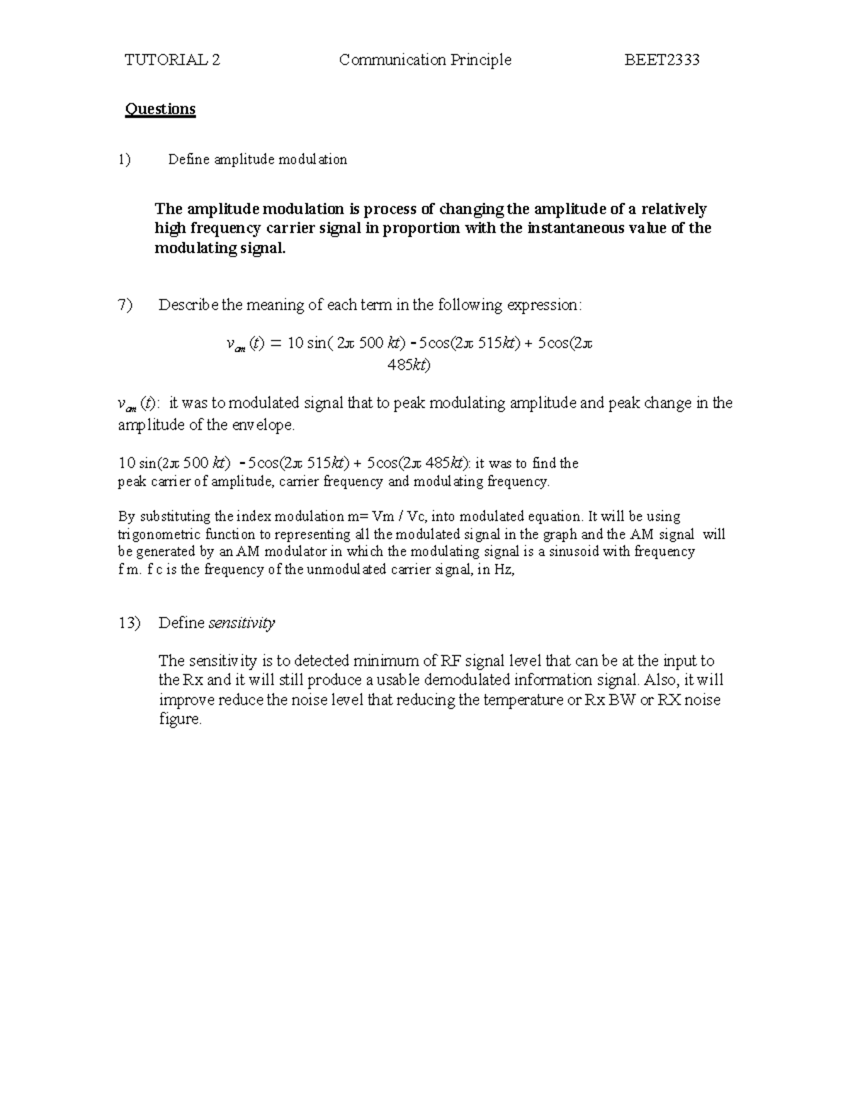 BEET2333 Communication Principles Tutorial 2 Questions & Answers - Document Preview