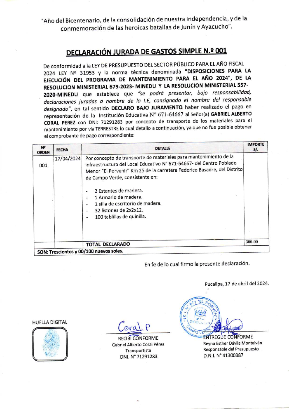 Declaración Jurada de Gastos Simple 001 - Presupuesto 2024 - Studocu