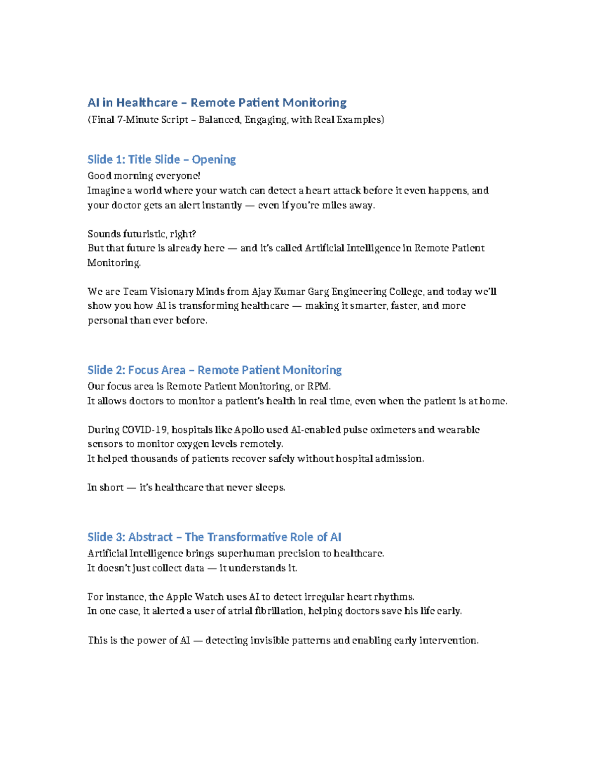 AI in Healthcare (CSE101) Final Presentation Script on RPM - Studocu