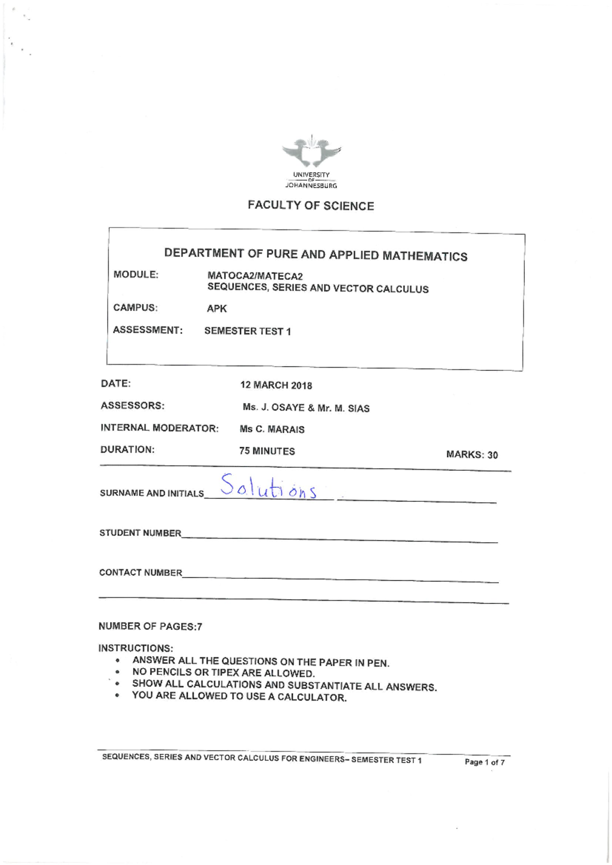 Solutions for UJ Math Module: Sequences, Series & Vector Calculus Test ...