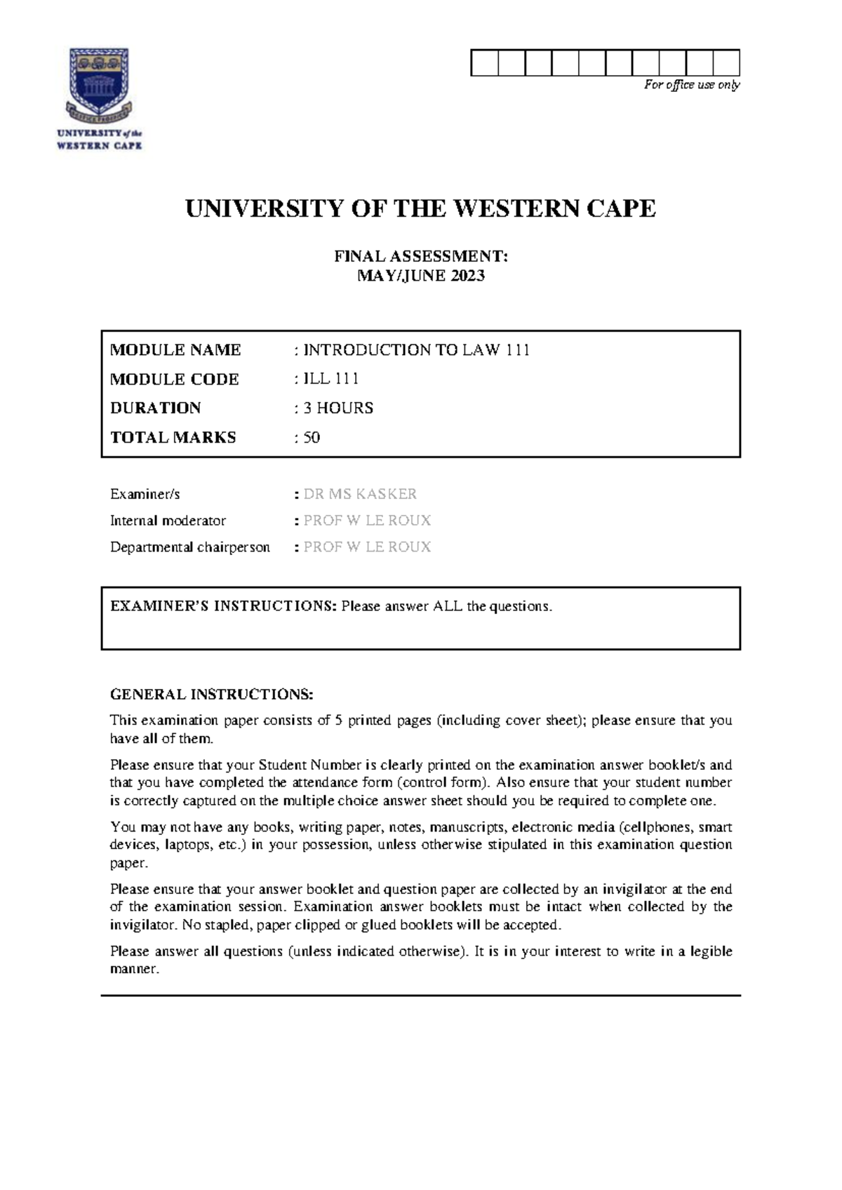 ILL111 2023 Final Assessment: Introduction to Law Exam Paper - Studocu