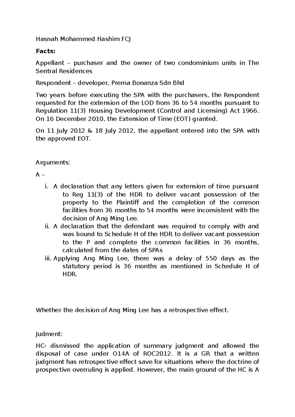 FCJ Case Summary: Hasnah Mohammed Hashim vs. Prema Bonanza Sdn Bhd ...