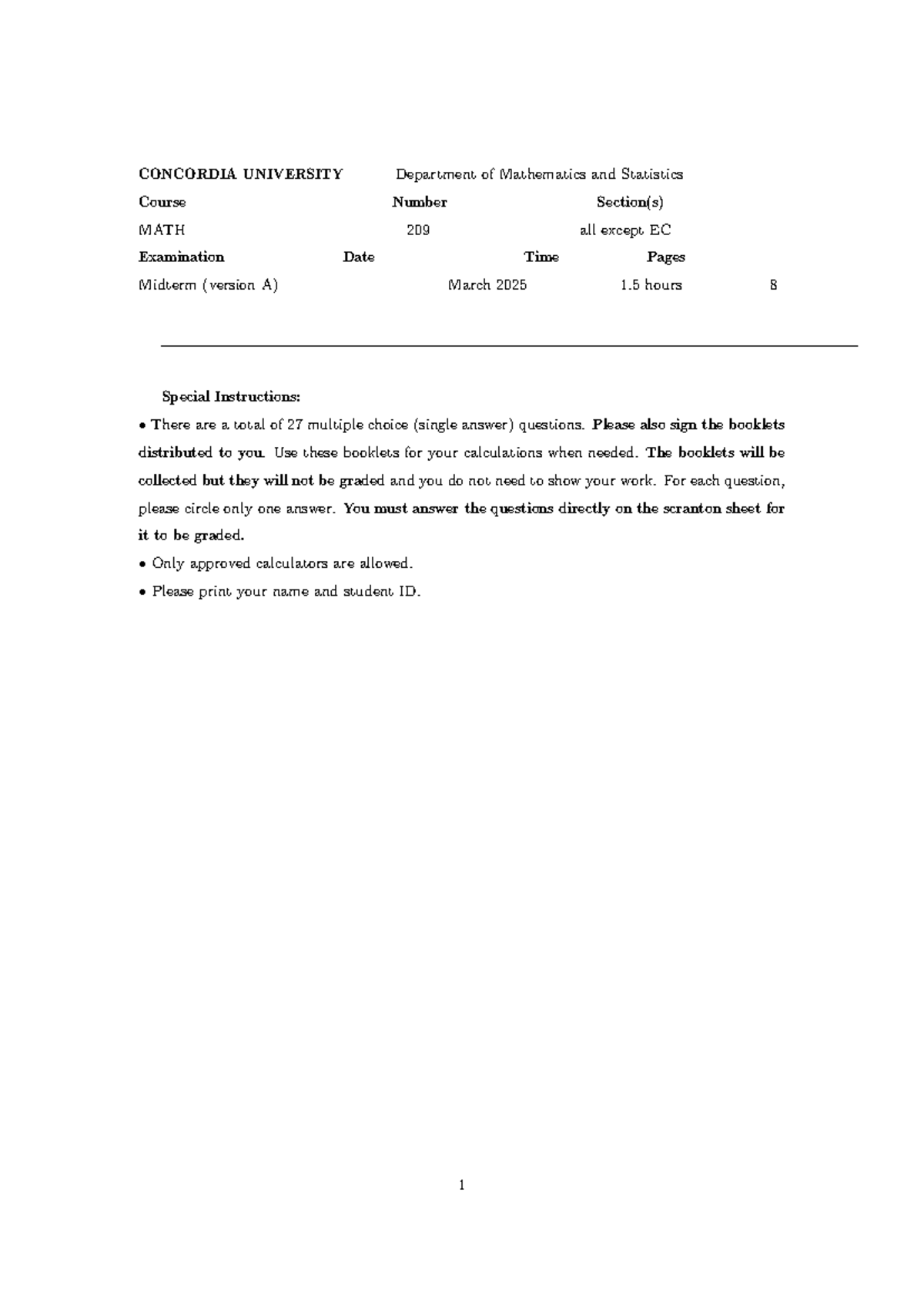 MATH 209 Midterm Exam Winter 2025 - Version A Questions - Studocu