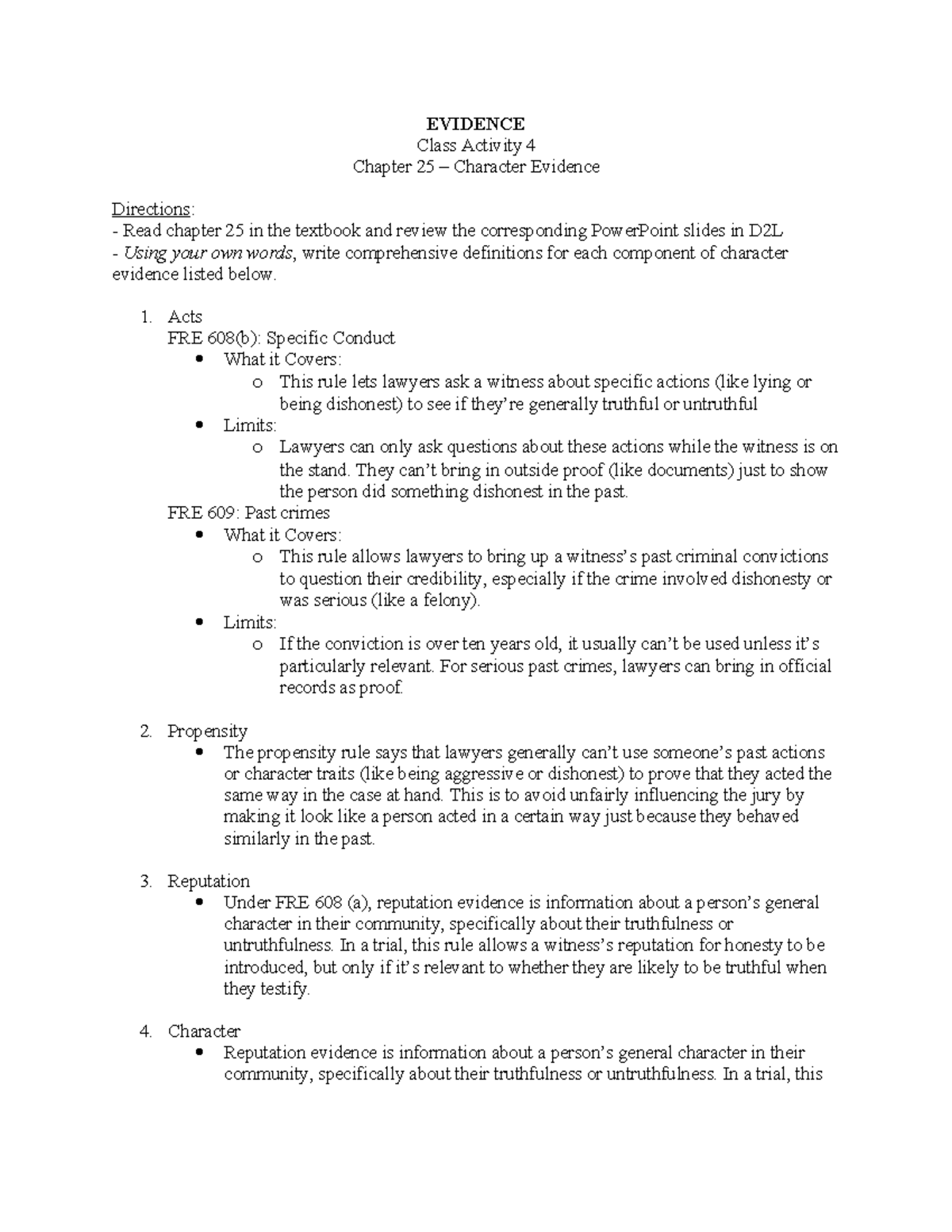 Evidence - Class Activity 4 - Chapter 25: Character Evidence Overview ...